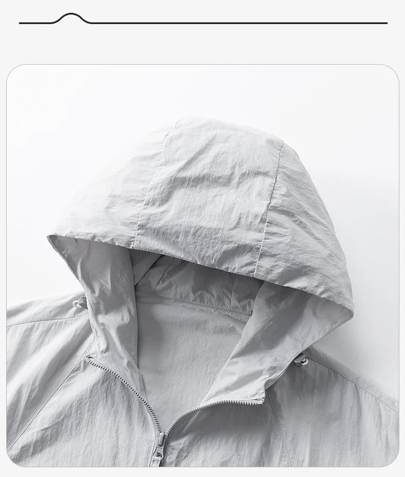 UPF50+ Men's Hooded Sunscreen Jacket Summer Ultra Thin Zipper Pocket Windbreaker Elastic Cuffs Outdoor Hiking Fishing Skin Coats