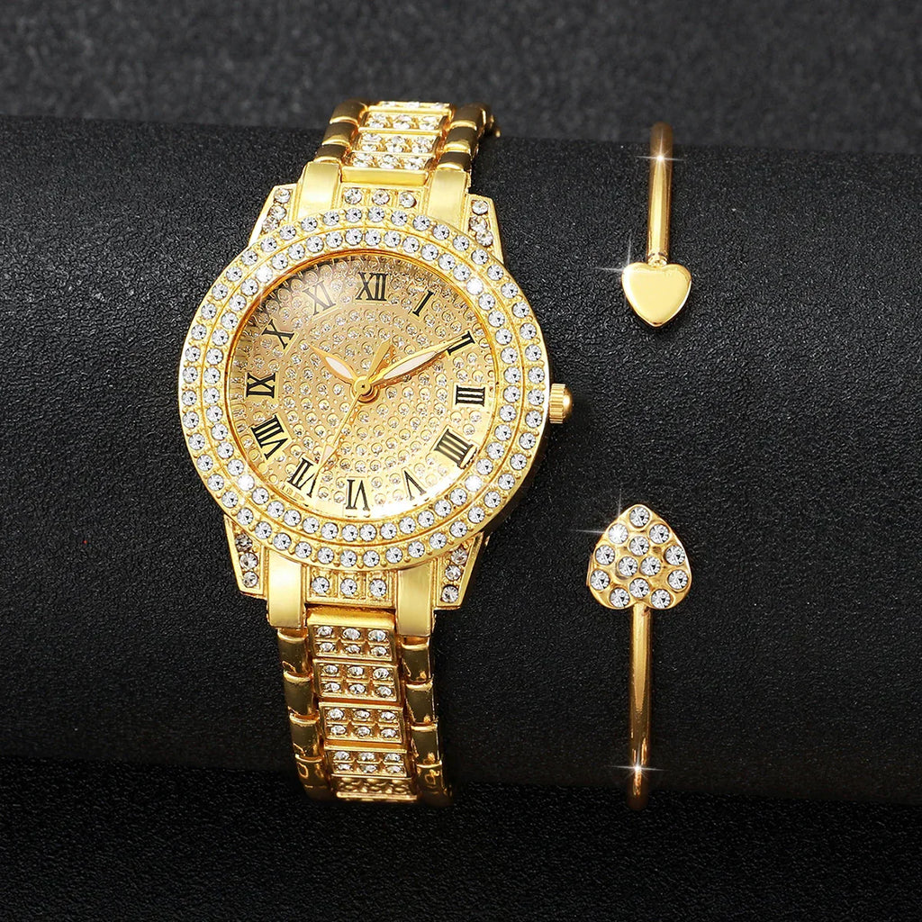 2/6PCS Luxury Diamond Women Watches Ladies Roma Dial Quartz Watch With Heart Jewelry Set Reloj Mujer (Without Box)