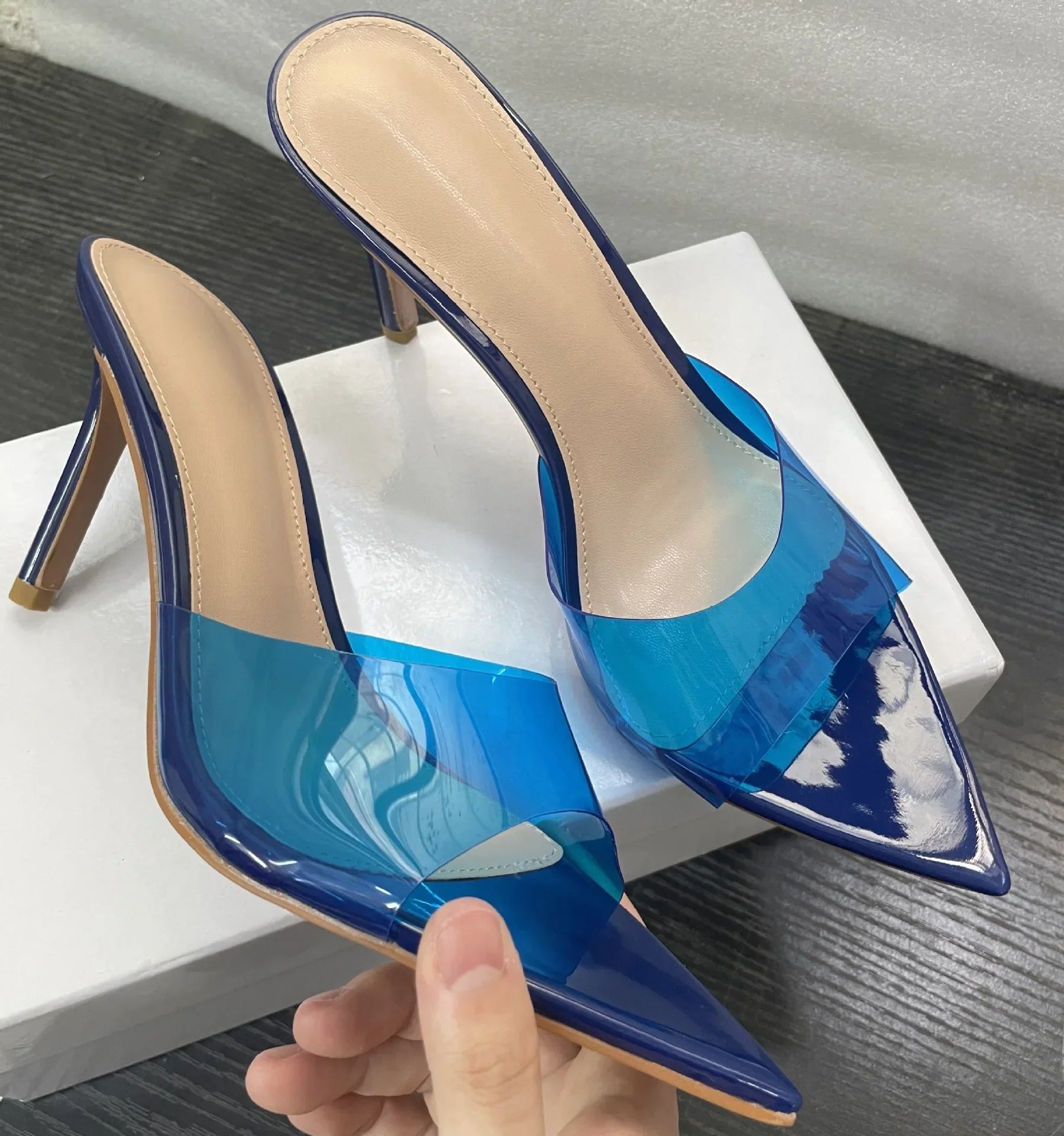 New Summer Women's High-heeled Sandals Simple Transparent High-heeled Slippers Stiletto Pointed Open-toed Slippers Mules