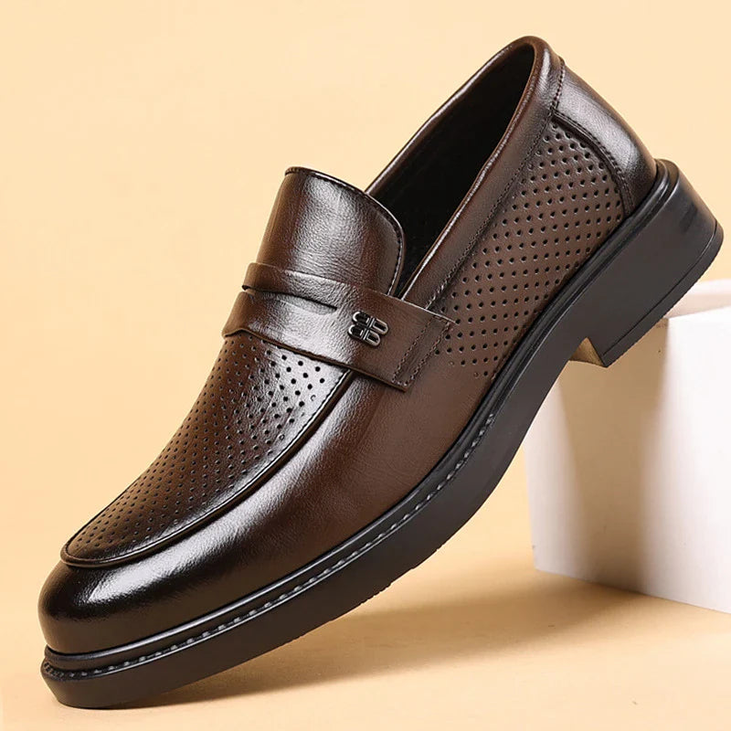 Mens Black Penny Loafers With Perforated Detail Slip On Comfortable Breathable Dress Shoes For Business Office And Summer Wear