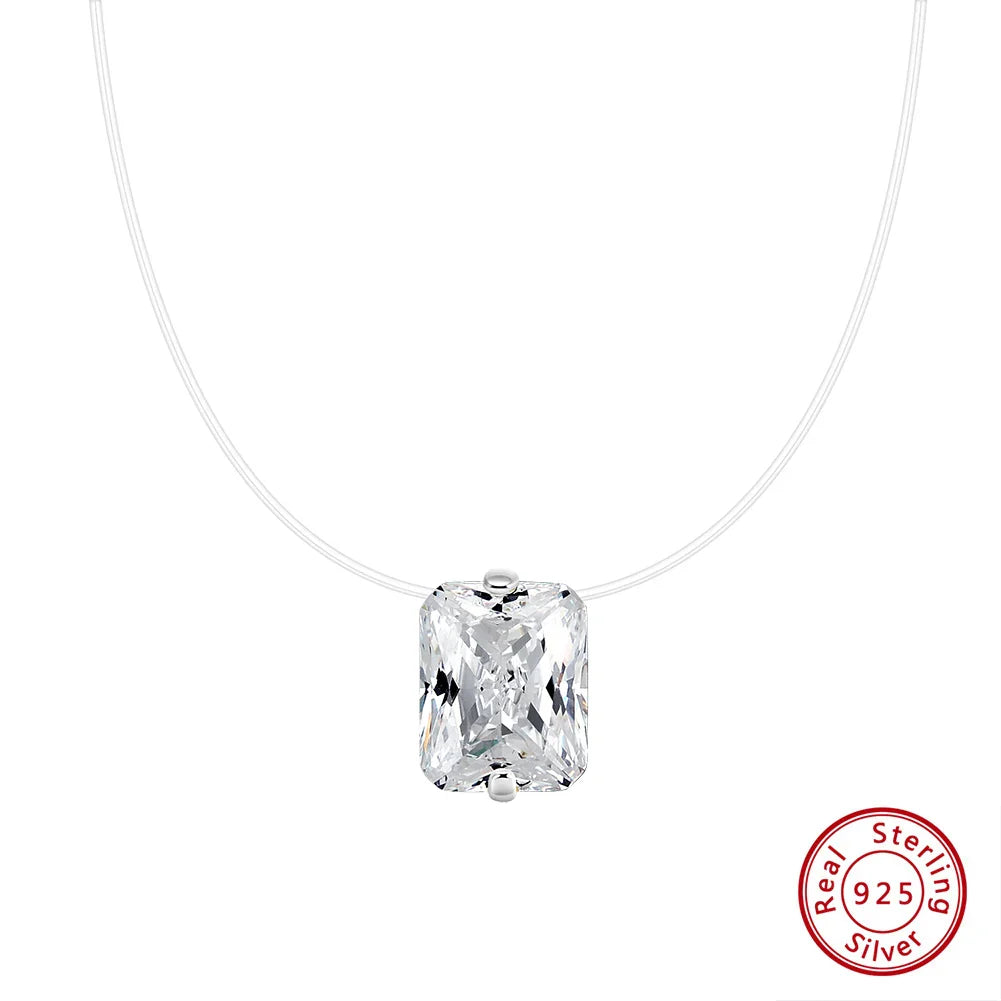 Top Quality 925 Silver Transparent Invisible Fishing Line Chain Shiny 8A Zircon Rectangle Pendant Necklace LZN34