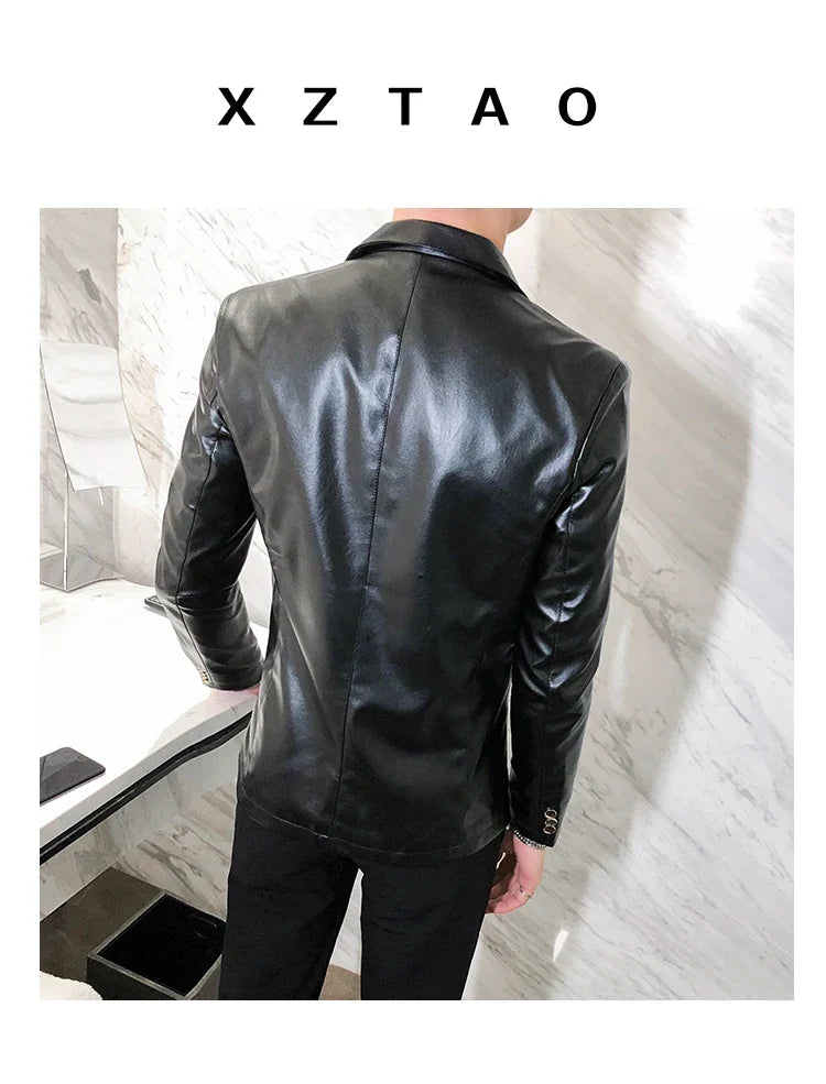 2022 Autumn Leather Jacket Men Slim fit Casual Business Blazer Masculino Solid Color Street Wear Social PU Coat Costume Homme