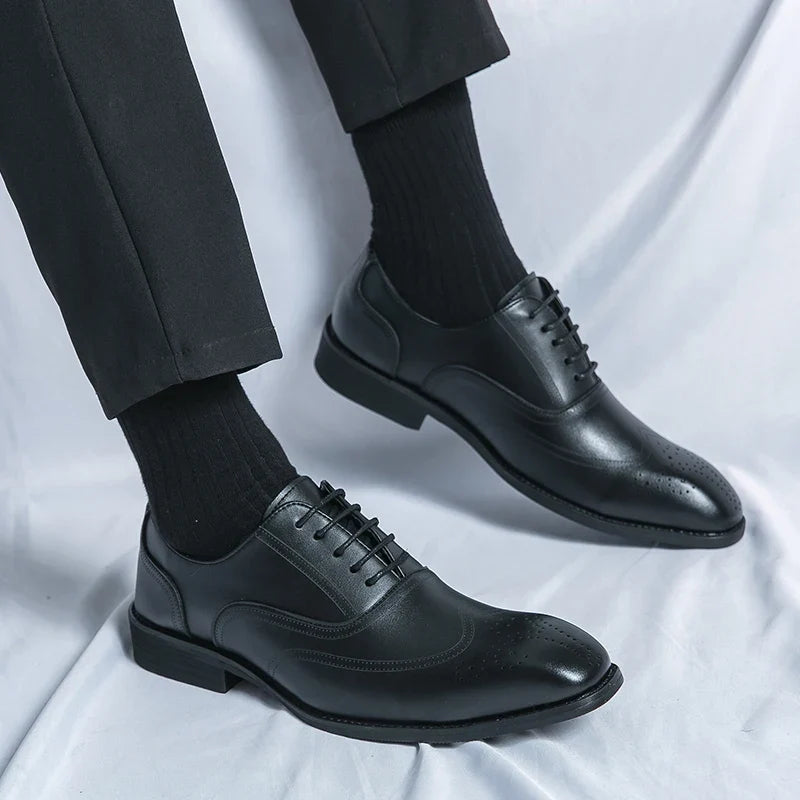 Luxury Men Dress Shoes Pointed Toe Leather Men's Oxfords  Shoes Classic Italy Brogue Shoes Fashion Lace-up Men's Shoes Size 46