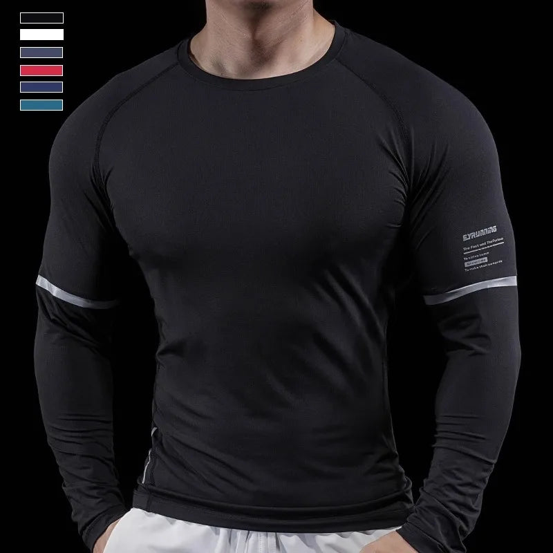 Autumn New Men's Sports Gym Fitness Clothes Reflective Strips Round Neck Training Long-sleeved T-shirt Running Slim Breathable