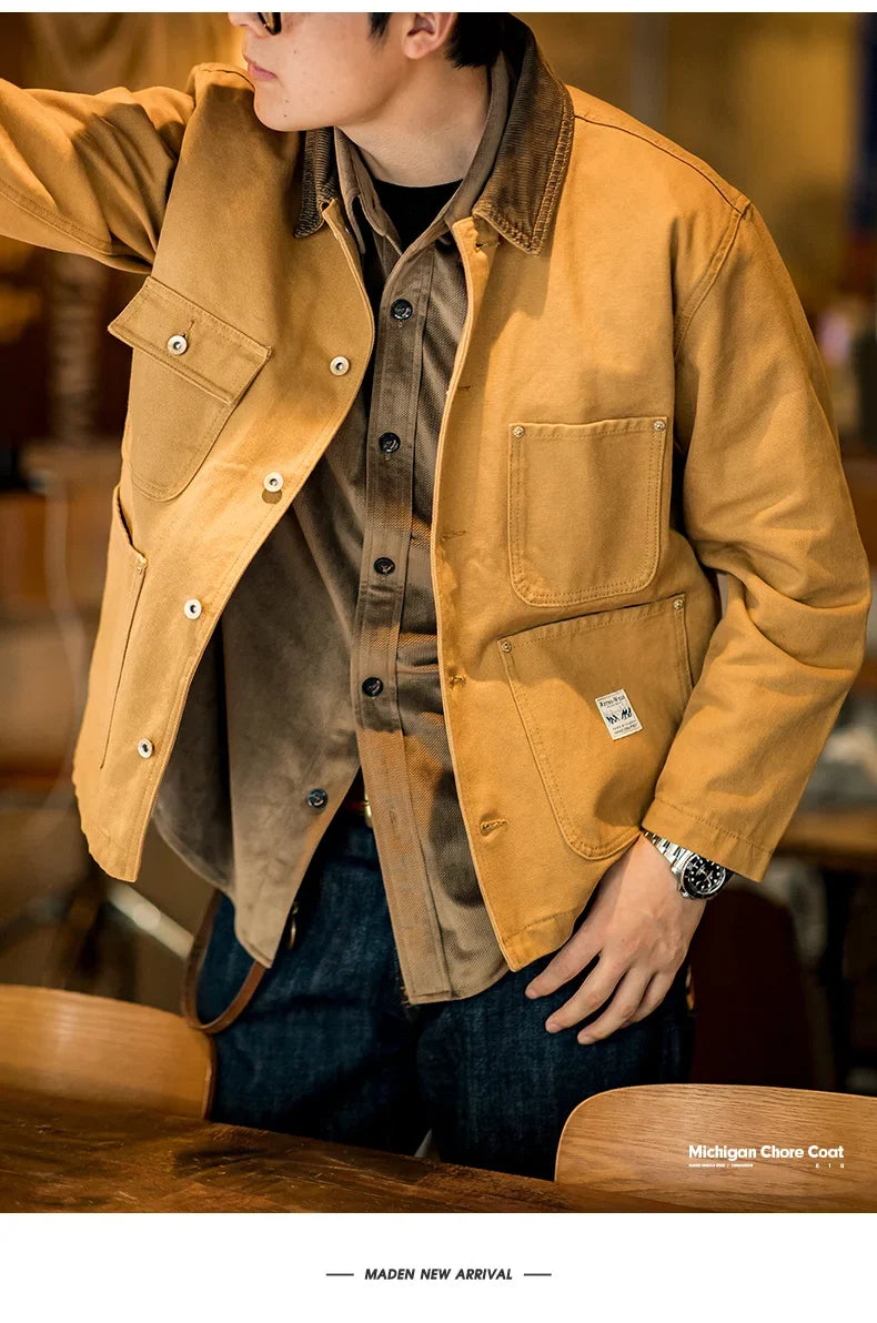 Vintage Heavyweight Michigan Chore Jackets Multi-Pocket Canvas Hunting Coat for Men's Spring Loose Lapel Collar Outwear