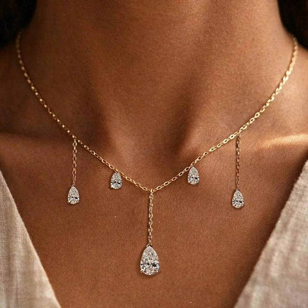 0.5/2Carat Pear Cut Moissanite Drop Necklace With Certificate S925 Silver Long Tassel Neckchain Fine Jewelry For Women
