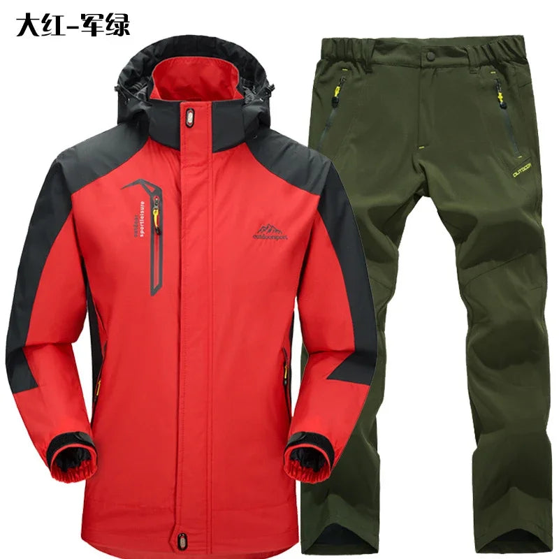 Outdoor Jacket Pants Sets Men Fleece Thermal Waterproof Windproof Hooded Jackets Hiking Military Trip Mountain Camping Clothes