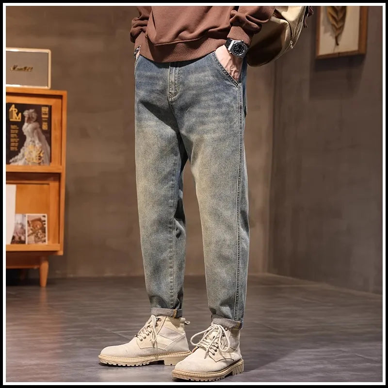 Retro American Style Men's Jeans Loose Fit Heavy Casual Slim Leg Cotton Pants Elastic Waist Korean Denim Jeans for Spring Autumn
