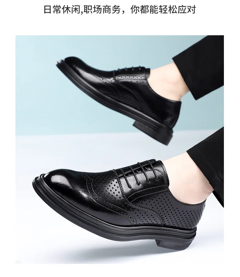 Spring Summer Hallow Leather Shoes for Men 3 6 8cm Increase Fashion Dress Shoes Male Black Business Casual Shoes Man