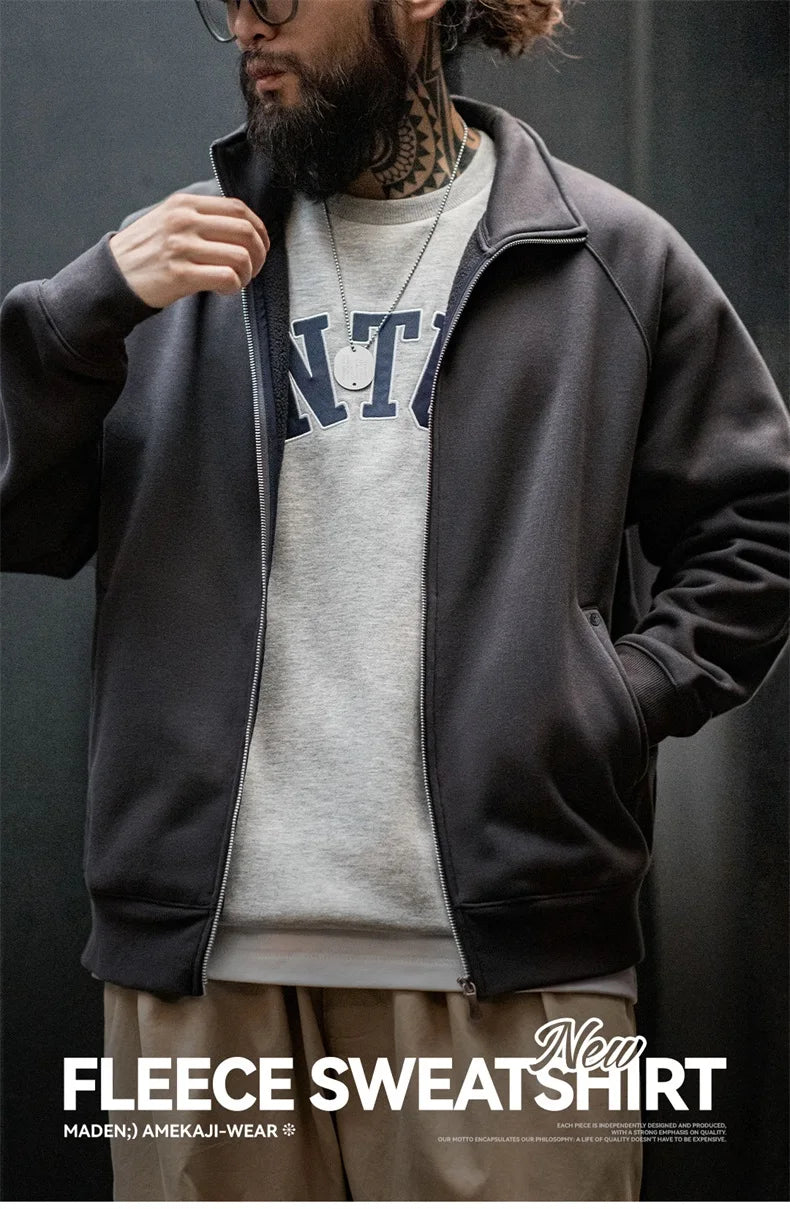 Casual Polar Fleece Cardigan Sweatshirt Stand-up Collar Sports Zipper Jacket Warm Versatile Coat for Men's Fall and Winter