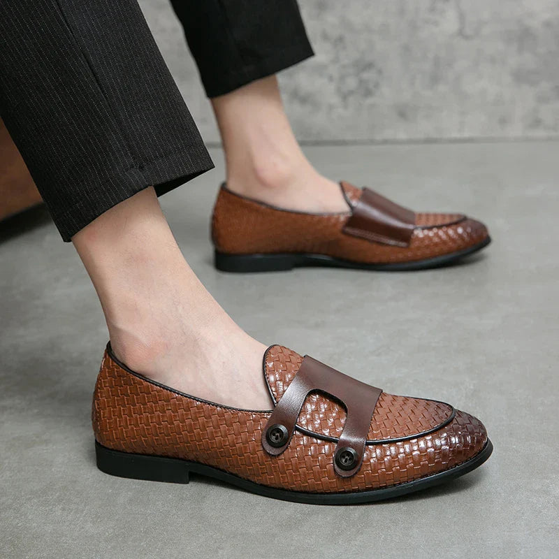 British Style Weave Pattern Microfiber Leather Monk Shoes Mens Buckle Party Wedding Loafers Moccasins Men Driving Flats