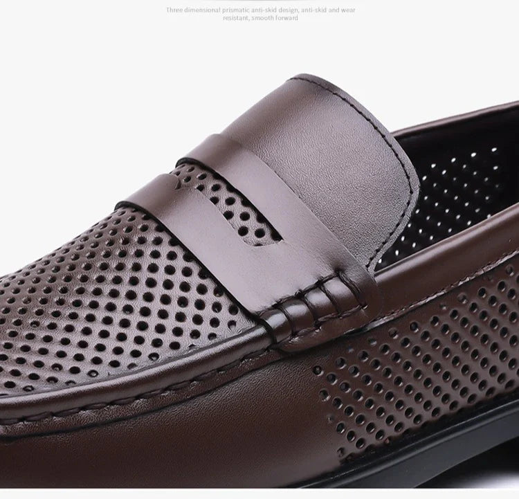 2026 Summer New Men's Breathable Leather Loafers Slip-On Hollow Out Casual Business Casual Shoes for Man Flat Driving Shoes Male