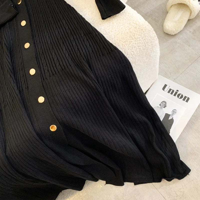 Elegant Embroidery Letter Knitted Maxi Dress Autumn Winter Brand Fashion Lady Notched Black Sweater Dress Office Robes