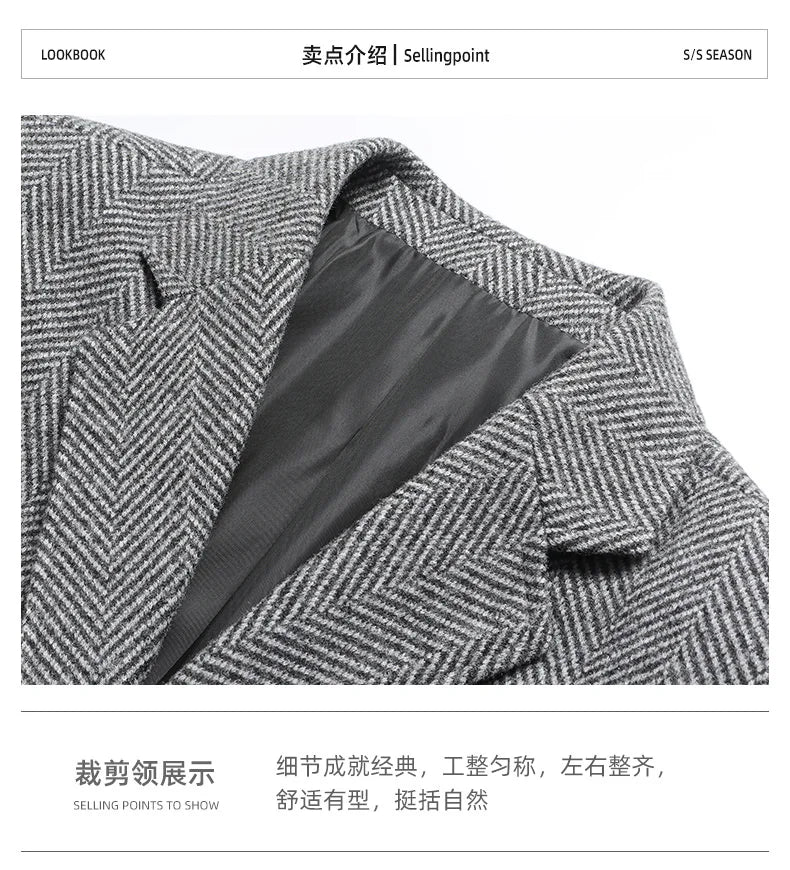 Men's Wool Blazer Herringbone Pattern Casual Business Suit Jacket Comfortable and Stylish Coat