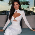 Elegant Party Dresses For Women Fashion Sexy Solid Full Sleeves Hollow Out Turtleneck Sheath Hip Wrap Long Vestidos Robes Female