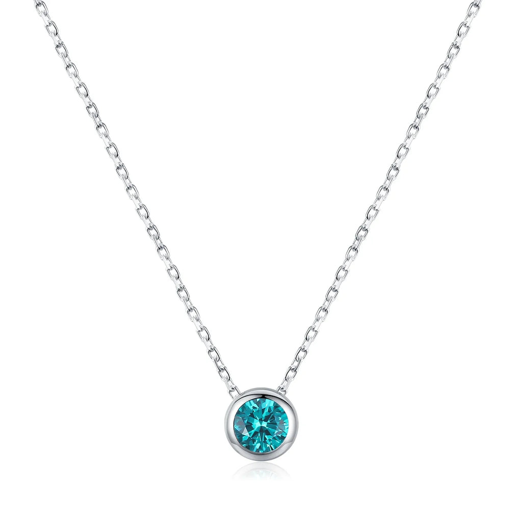 925 Sterling Silver Teal Round Zirconia Pendant Necklace White Gold Plated Neck Link Chain For Women Party Jewelry Gift