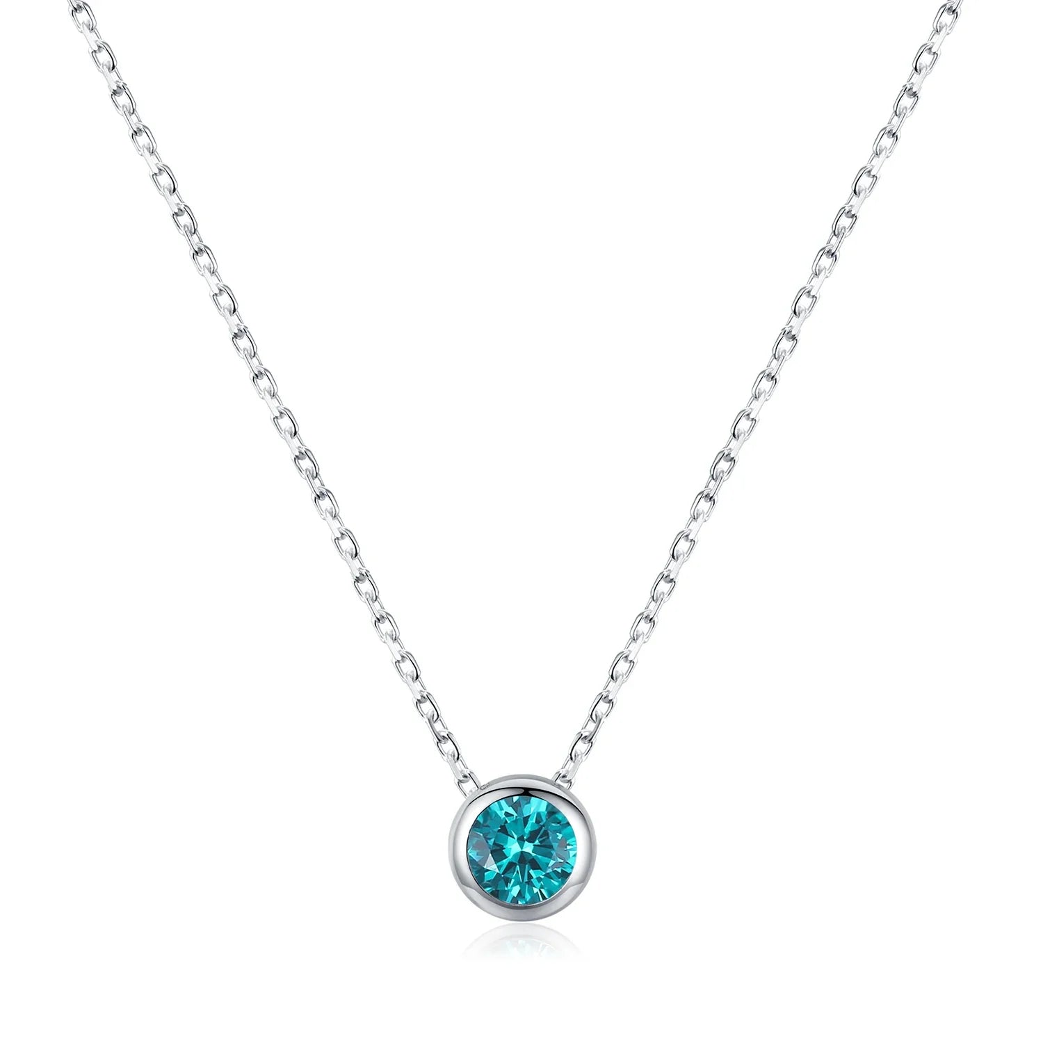 925 Sterling Silver Teal Round Zirconia Pendant Necklace White Gold Plated Neck Link Chain For Women Party Jewelry Gift
