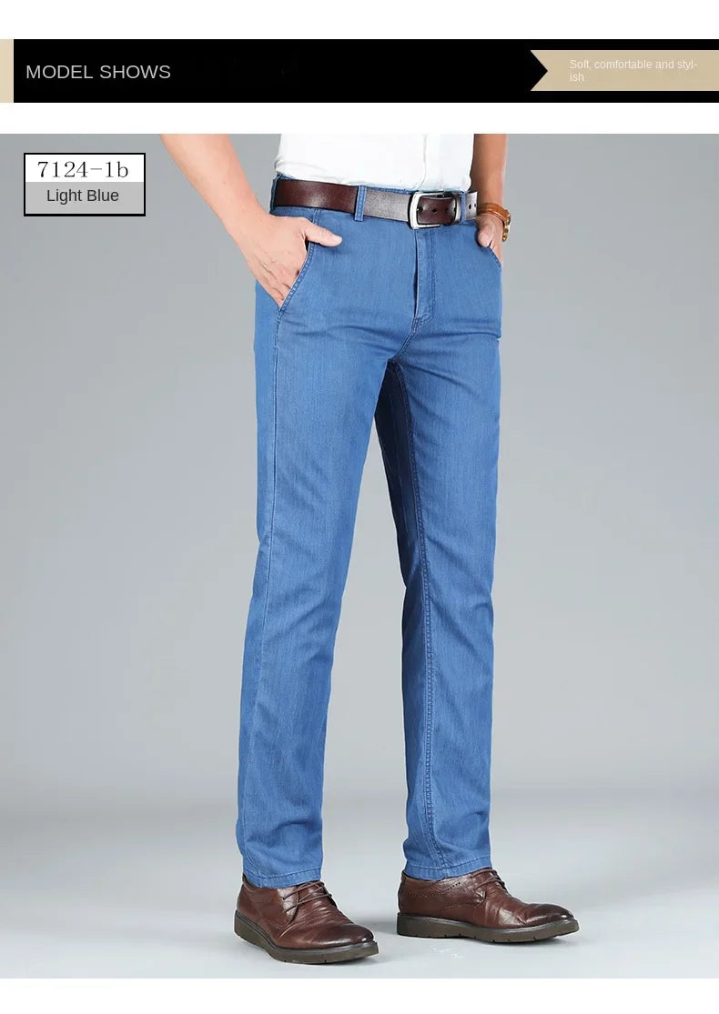 2026 Thin Stretch Denim Business Casual High Waist  High Lyocell  Men's Fit Straight Lightweight Cotton  Light Grey Jeans