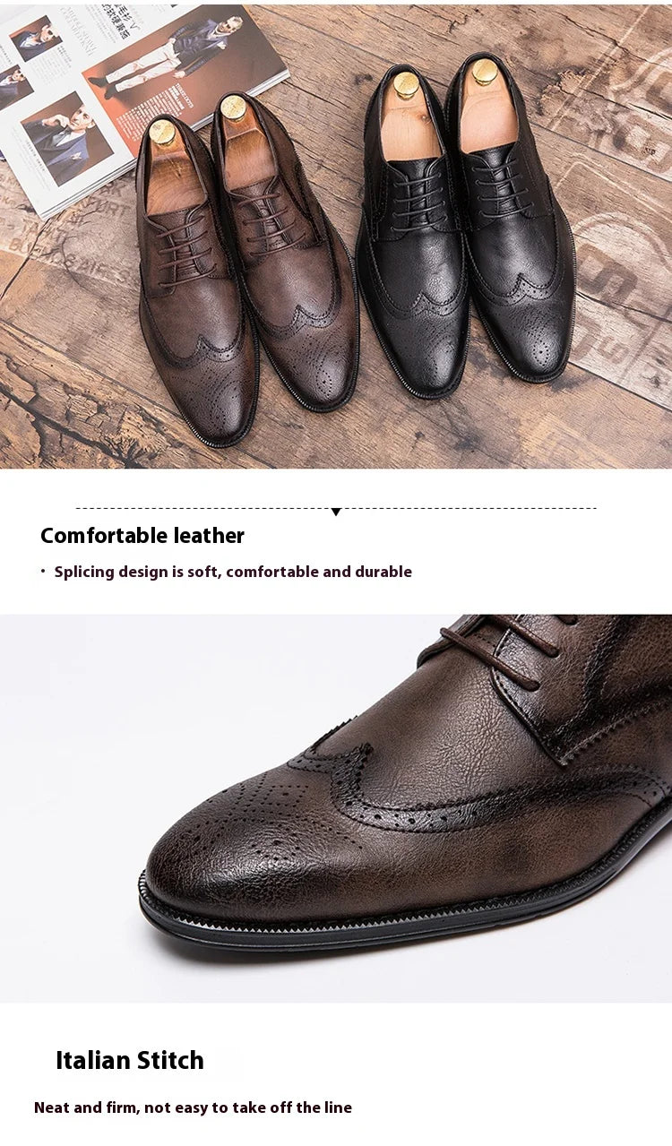 Lace-up casual leather shoes Men's wedding carved Brogues men's formal business pointed shoes Groom's leather shoes