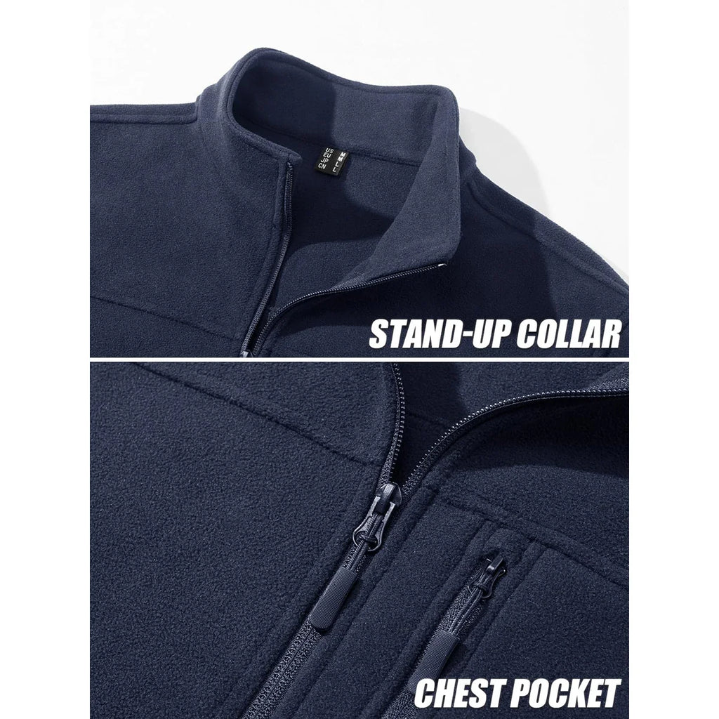 Men's Thermal Warm Fleece Jacket Stand Collar Full Zip Windbreaker Multiple-pockets Outerwear Working Hiking Coat