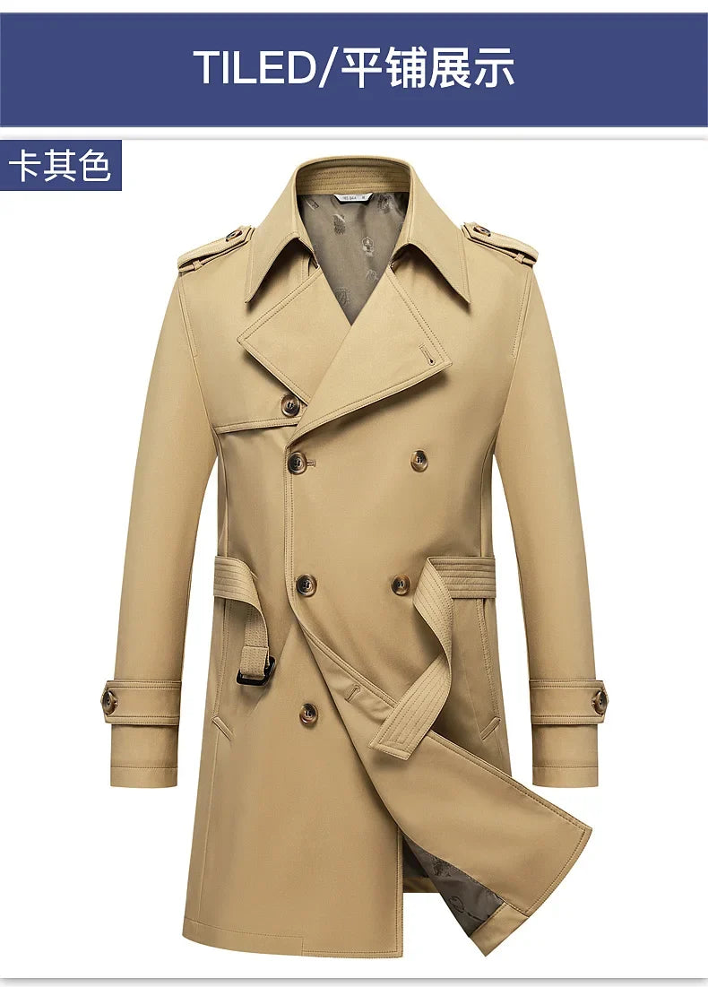 2024 Autumn New Men's Medium to Long Fashion Windbreaker Coat High Quality Double breasted British style Coat Series Belt Coat