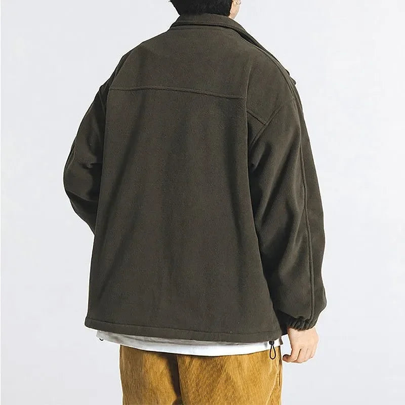 Japanese Style Lamb Wool Jacket Fleece Sweatshirt Men's Autumn/Winter Couple Stand Collar Flocking Student Outerwear Casual Jack