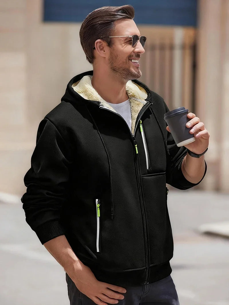 Men's Winter Warm Sherpa Plush Lined Jacket Casual Zip Up Hooded Coat with Zipper Pockets Male Fleece Outerwear Outfits Tops