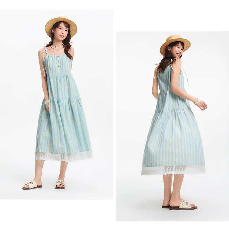 Textured Striped Dress Women Sweet 2025 Summer New Vacation Style Lace Strapless Sundress