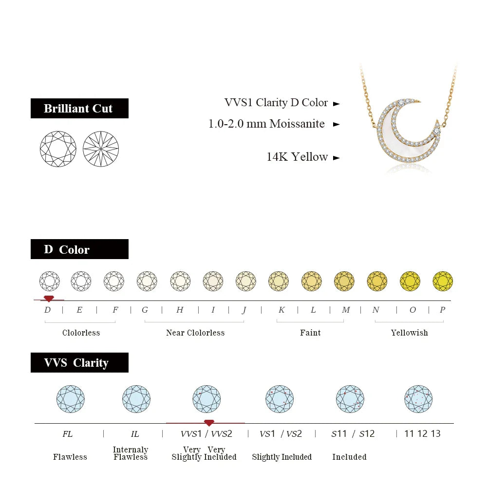 D Color VVS1 Luxury Moon Moissanite Necklace for Women Solid S925 Silver Yellow Gold Pendant Fine Jewelry Girls Party