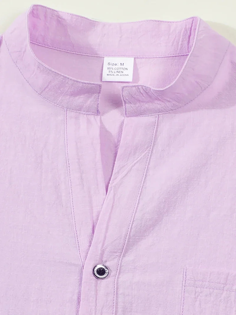 Men Mandarin Collar Long Sleeve Henley Cotton Linen Shirt With Chest Pocket Breathable Lightweight Beach Travel Daily Casual Top