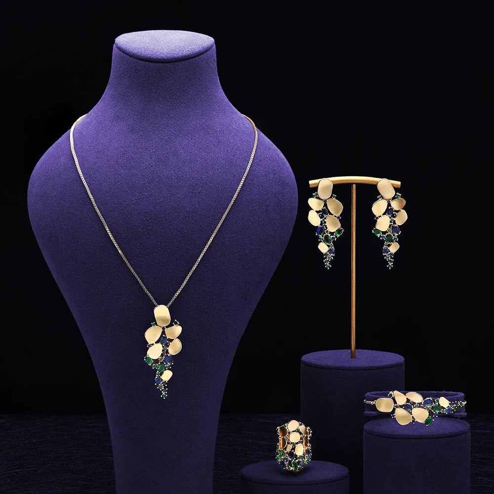 Trendy Link Chain Pendant Necklace Earring Set Gold Plated Cubic Zirconia Jewelry Sets Dubai Nigeria Women Wedding Accessories