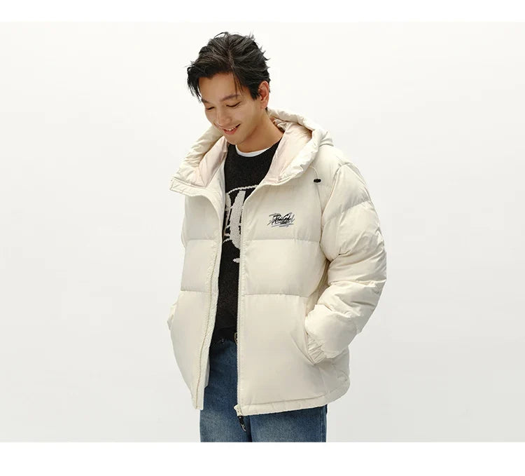 Down Jacket Men Winter 80% Down Fill Loose Hooded Outerwear Textured Street Trendy Letter Printed Top Men'S Clothing