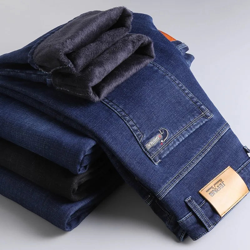 Winter New Men's Warm Blue Black Slim Jeans Classic Style Stretch Slim Fit Thick Pants Fashion Trousers Male Brand