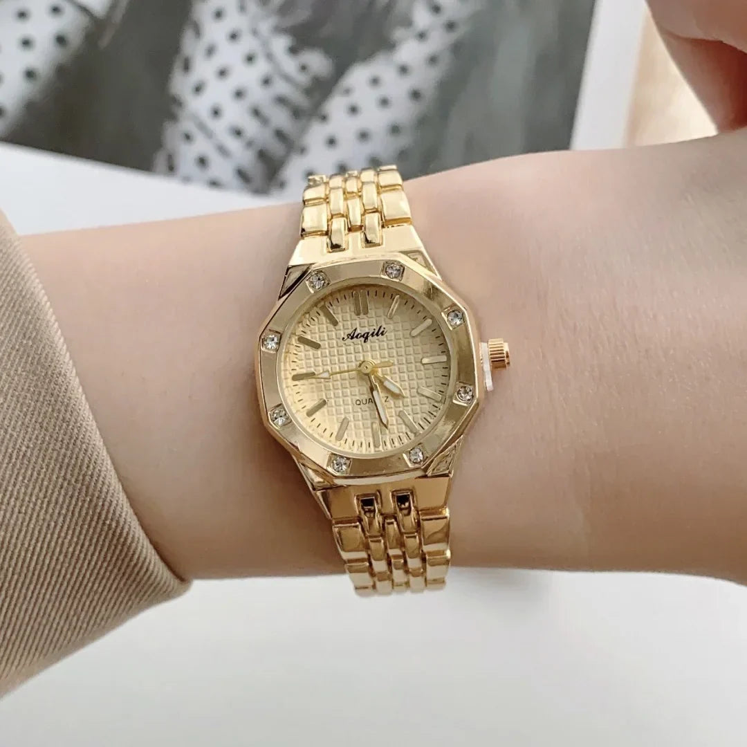 Women's Fashion Round Room Gold Steel Band Quartz Wristwatch Luxury Ladies Golden Watch for Women Clock Female Reloj