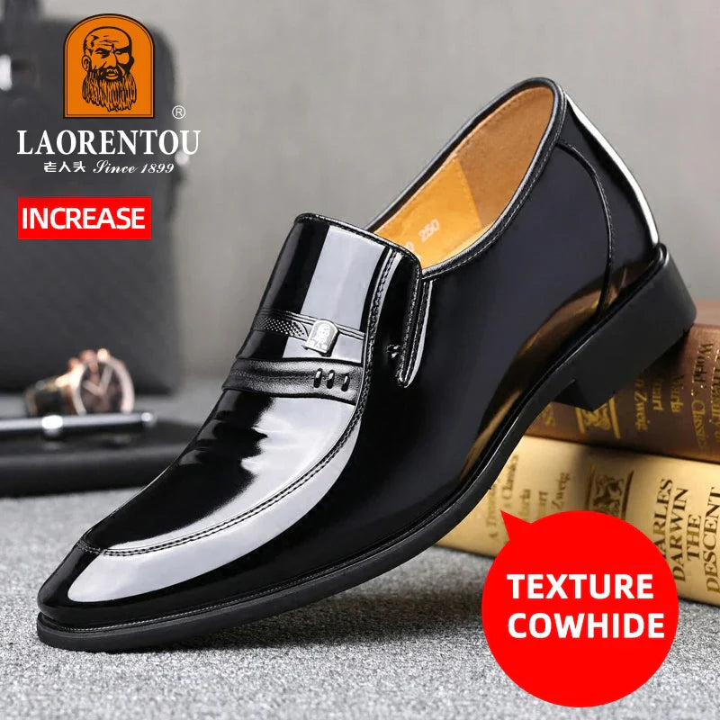 LAORENTOU genuine leather Increase in height 6CM men's shoes, dress leather shoes with raised pointed toe inside wedding shoes