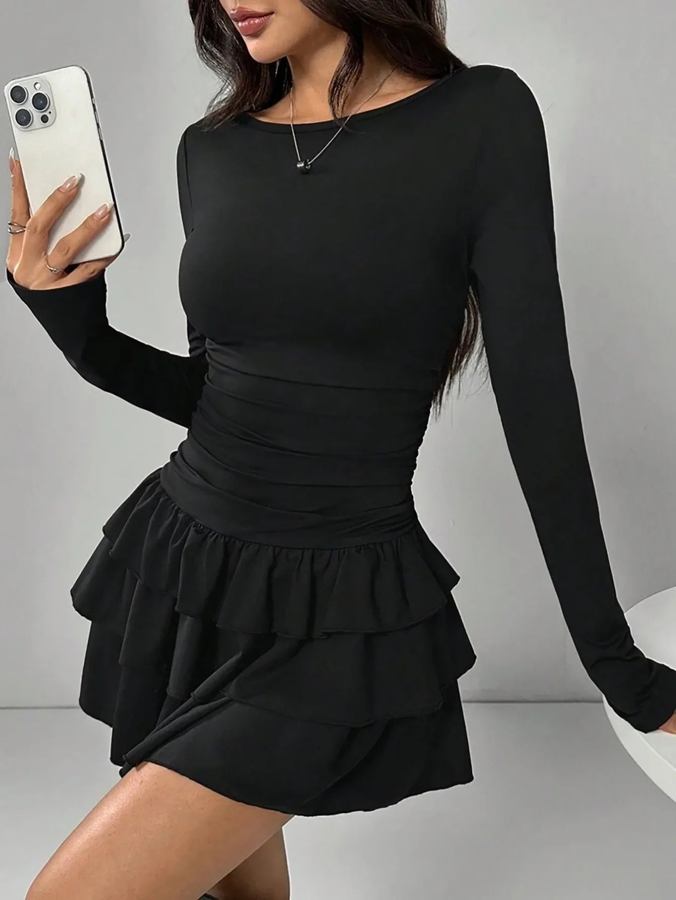 Autumn Winter Solid Color Slim Fit Cascading Ruffles Mini Dress Women Elegant Flare Sleeve High Waist Sexy Party Bodycon Dresses