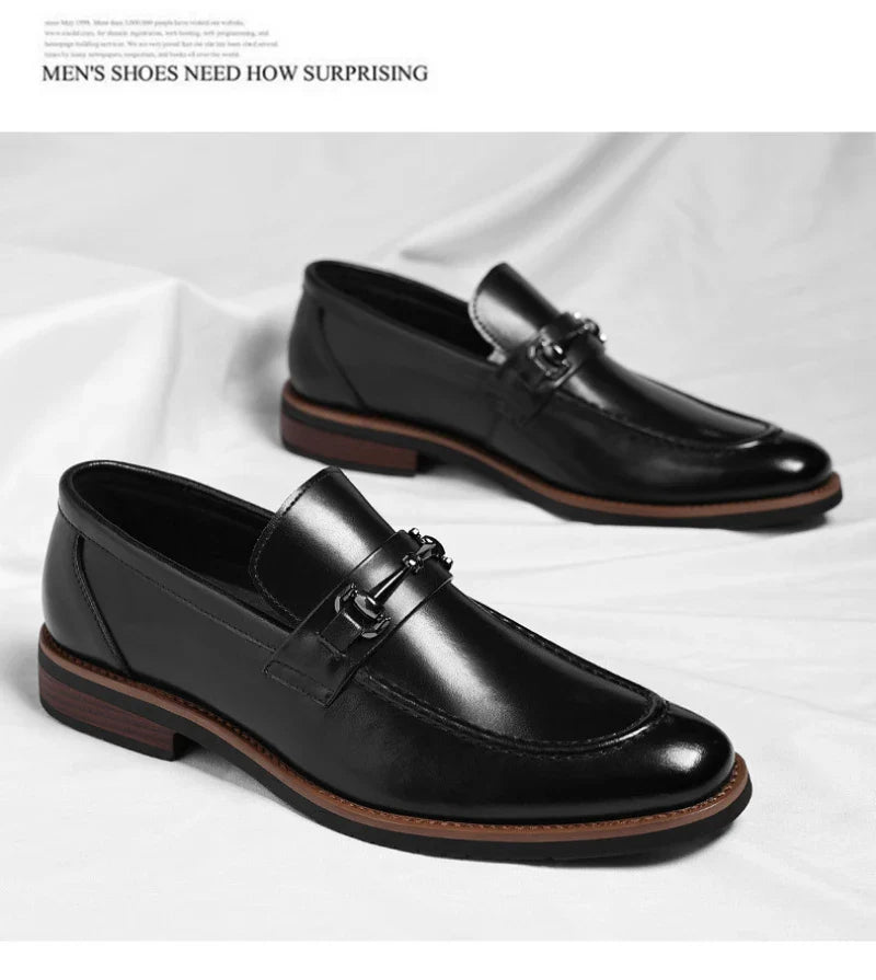 Mens Brown Burnished Genuine Leather Horsebit Loafers Slip On Formal Business Office Wedding Groom Daily Wear Shoes Simple New