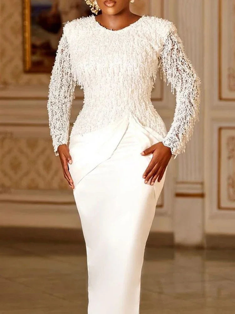 Women Dresses Formal Long Sleeve Crew Neck Evening Gown