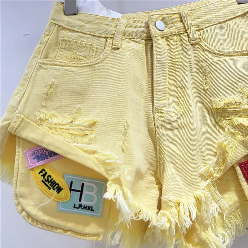 New Trendy Women's Spliced Hole Burr Edge Denim Shorts 2025 Summer Fashion High Waist A-line Short Pants Female 1LS2103