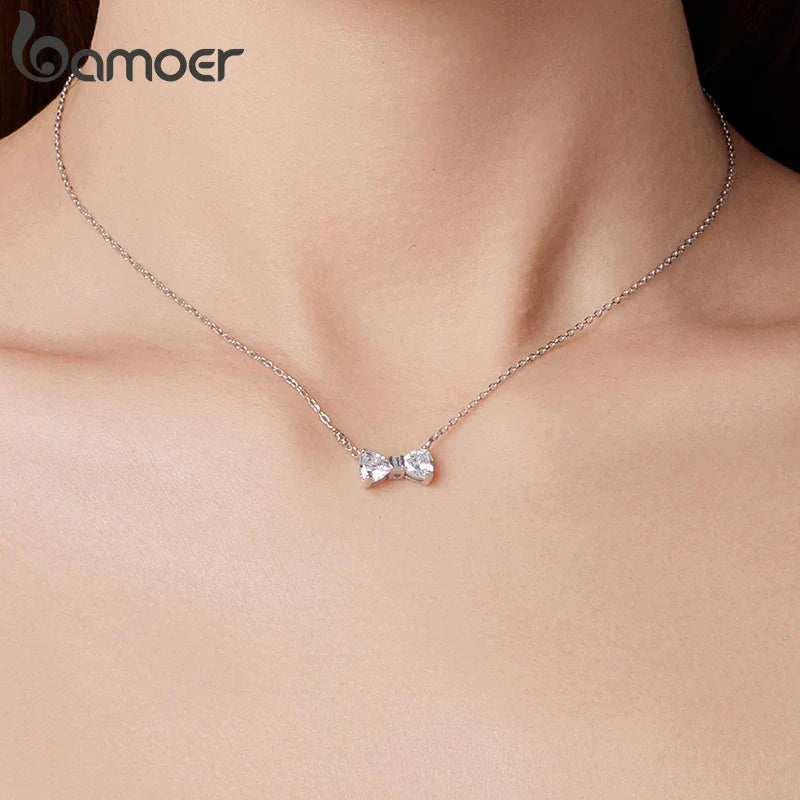 925 Sterling Silver Full Zircons Bow Pendant Necklace Sweet Bowknot Link Chain for Women Girls Birthday Gift Fine Jewelry