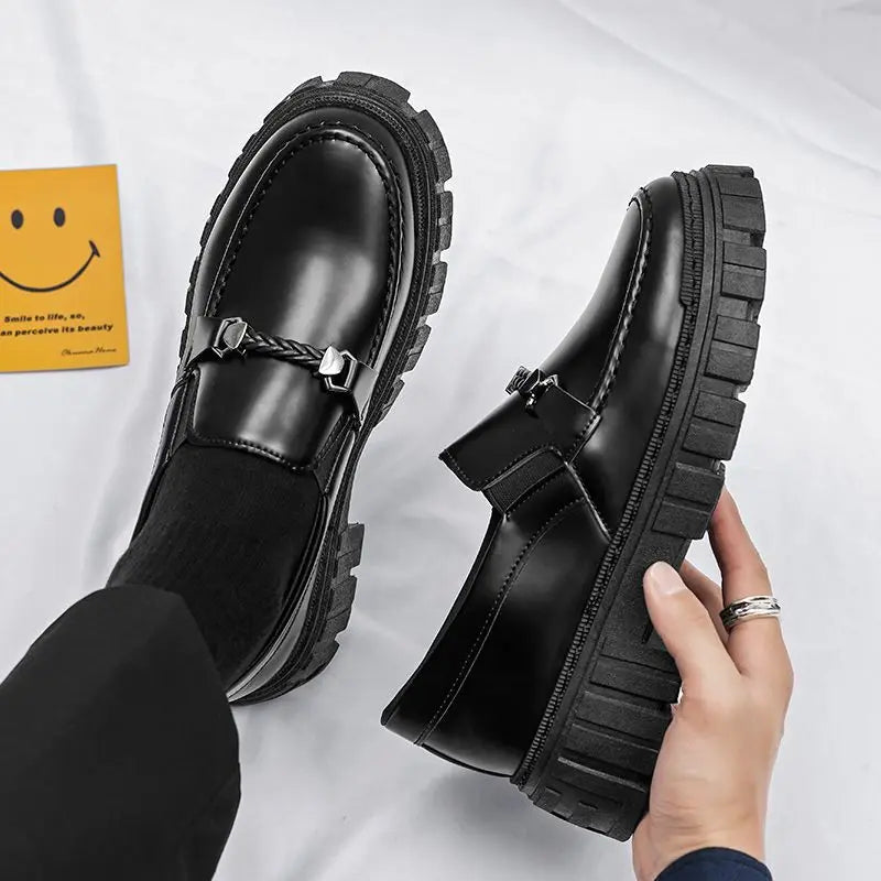 Man Casual Loafers Shoe Black Business Leather Shoes for Men Round Toe Height Increasing Platform Footwear Offer Shipping Free