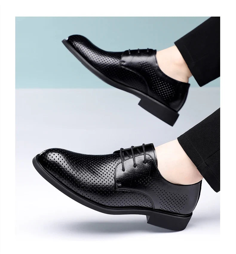 Men Spring Summer Hollow Out Breathable Elevator Shoes 6cm Hidden Height Increasing Business Formal Dress Office Wedding Shoes