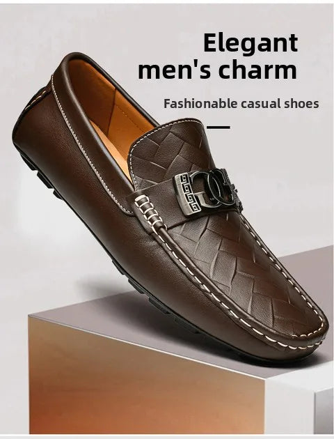 Top-grain Cowhide Men's Shoes, Bean Shoes, Summer Breathable, High-end and Sophisticated Business Casual Leather Shoes