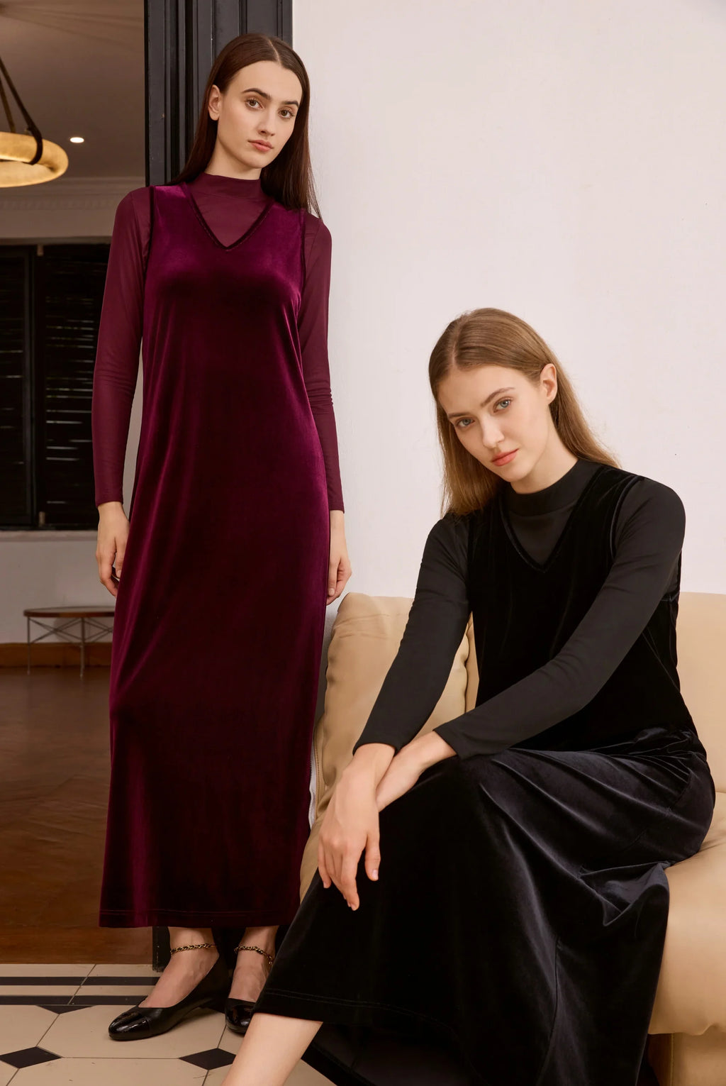 Women 2026 Autumn and Winter Modal Mesh Shirt and V Neck Velvet Maxi Dress High Quality