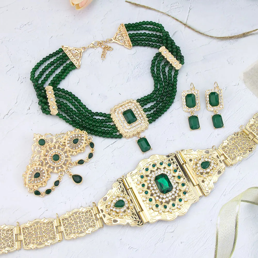Chic Moroccan Bridal Jewelry Women Caftan Belt Waist Chain Bead Choker Necklace Crystal Earring Brooch Pin Gold Color