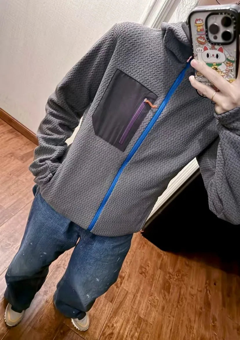 Wave Pattern Fleece Lined Hooded Zip-up Jacket/Sweatshirt: Warm & Outdoor-Ready  Ideal for Couples Hooded Sweatshirt