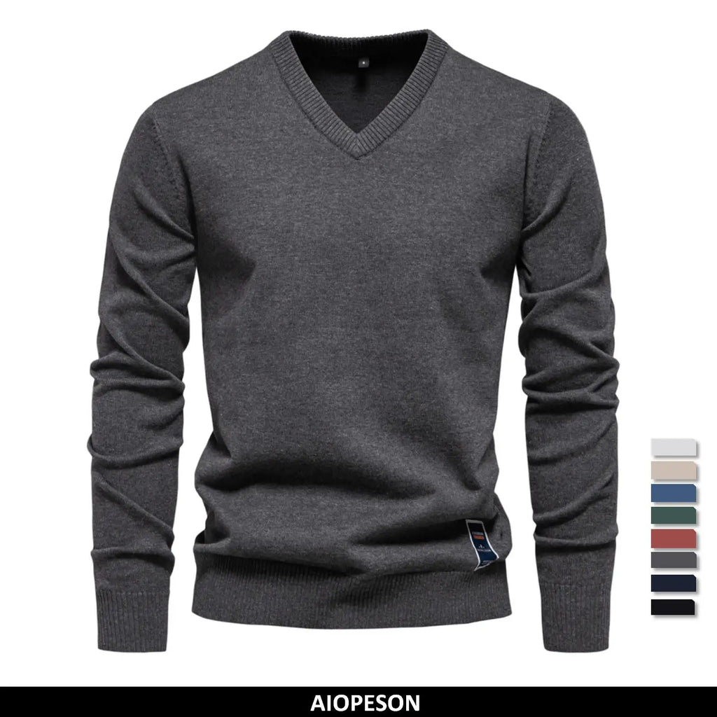 Mens V-neck Solid Cotton Pullover Sweaters Long Sleeve Casual Social Knitted Sweaters for Men