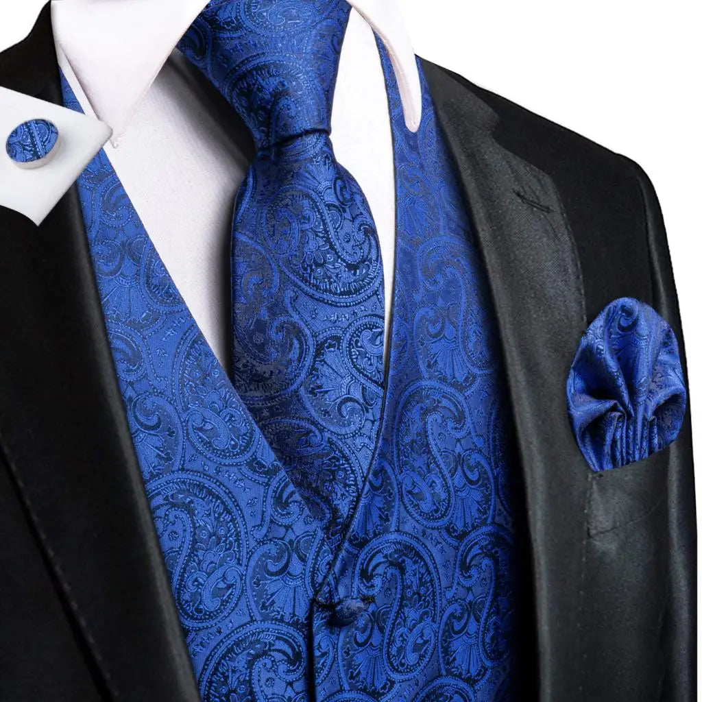 Sky Navy Royal Blue Mens Waistcoat Tie Set Sleeveless Jacket Vest Necktie Hanky Cufflinks Wedding Business Oversized Gift