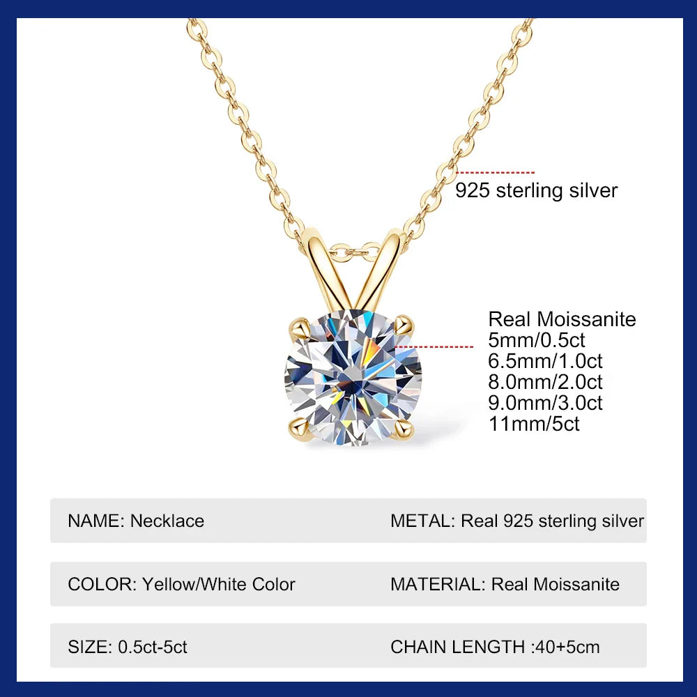 Moissanite Pendant Necklace 0.5-5CT D Color VVS1 4/6 Prong Lab Diamond 925 Silver 18K Gold Plated Solitaire Jewelry Gift