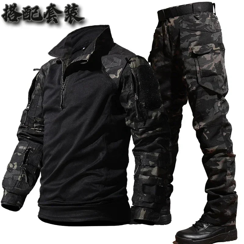 Autumn Tactical Sets Men Outdoor Breathable Short Sleeve Tshirt+Waterproof Straight Pant 2 Pcs Suits Camo Multi-pocket Cargo Set